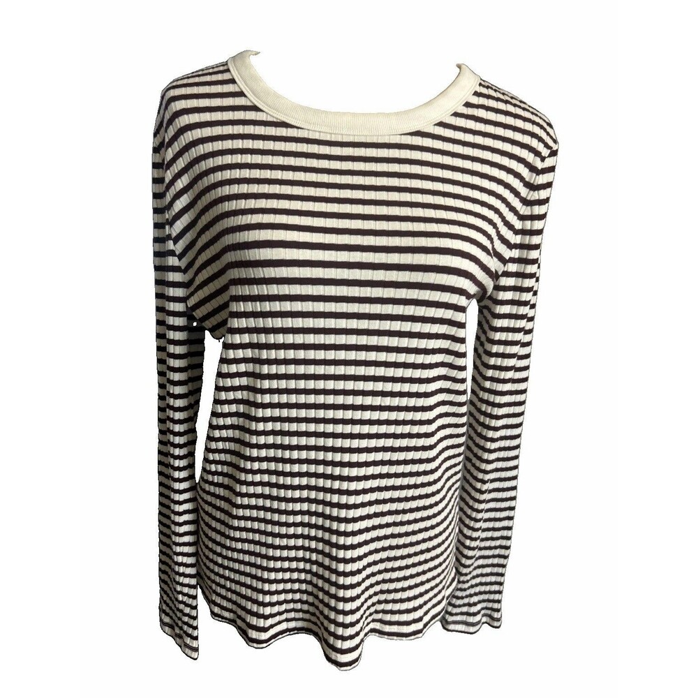 Talbots Women L Stripe Brown Beige Cotton Stretch Long Sleeve Button Preppy